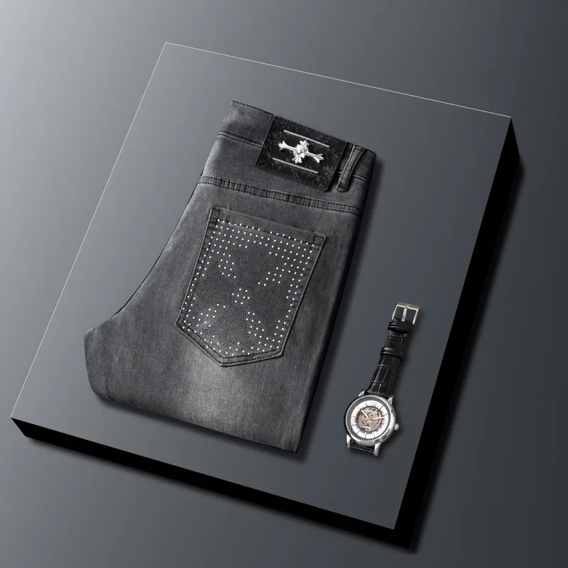 2024 New High-End Printed Jeans Men's Casual Street Trend Fashion Stretch Slim-Fitting Small Straight Pants