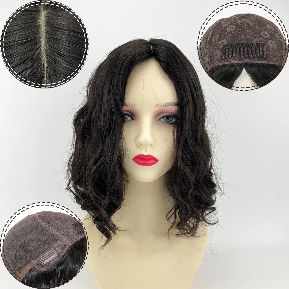 Human Hair Silk Top Jewish Wig for Women  Black Brown Water Wave Human Hair Wig 14 Inch Virgin Hair Silk Top Wig