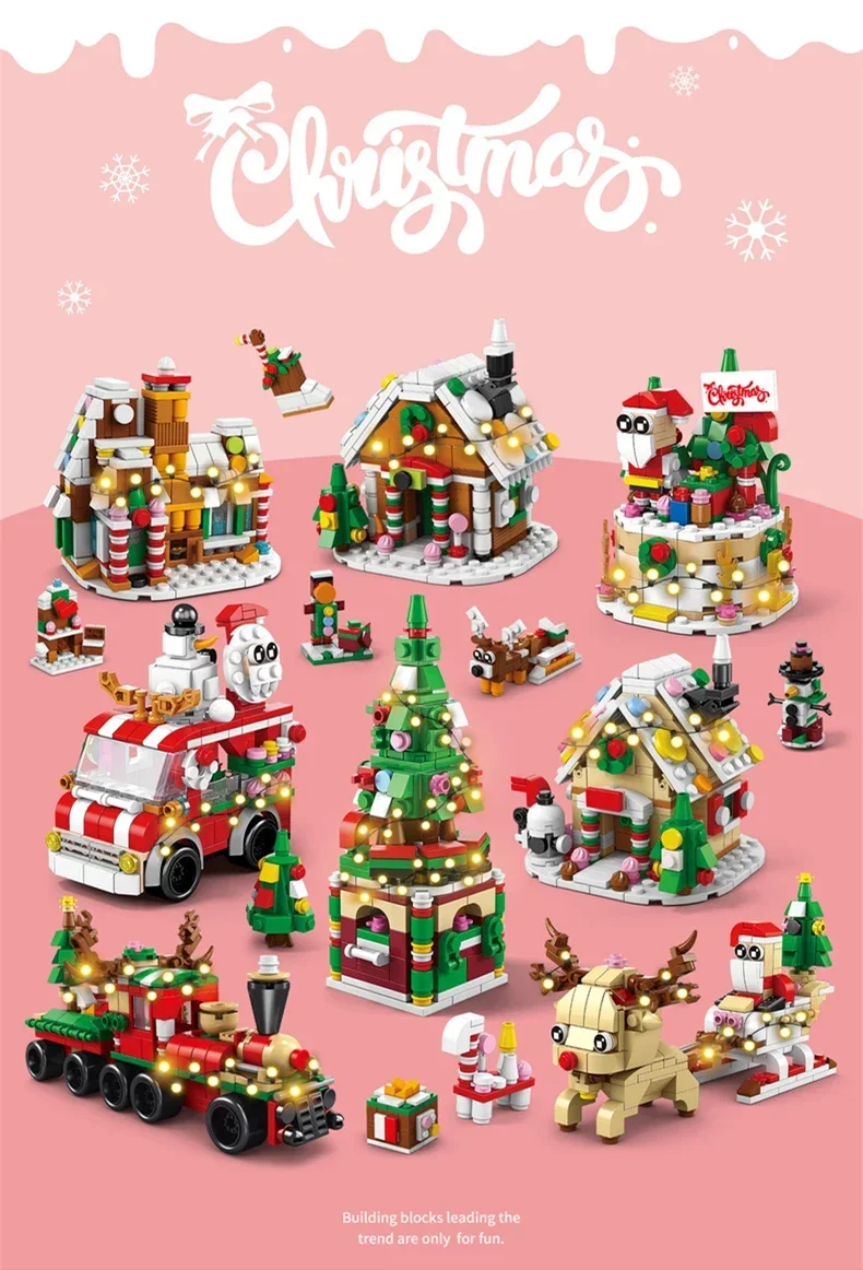 Conjunto de blocos de construção de série de natal atualizado com luz quente criativo trem de alce casa diy tijolos modelo brinquedos para crianças presentes de natal
