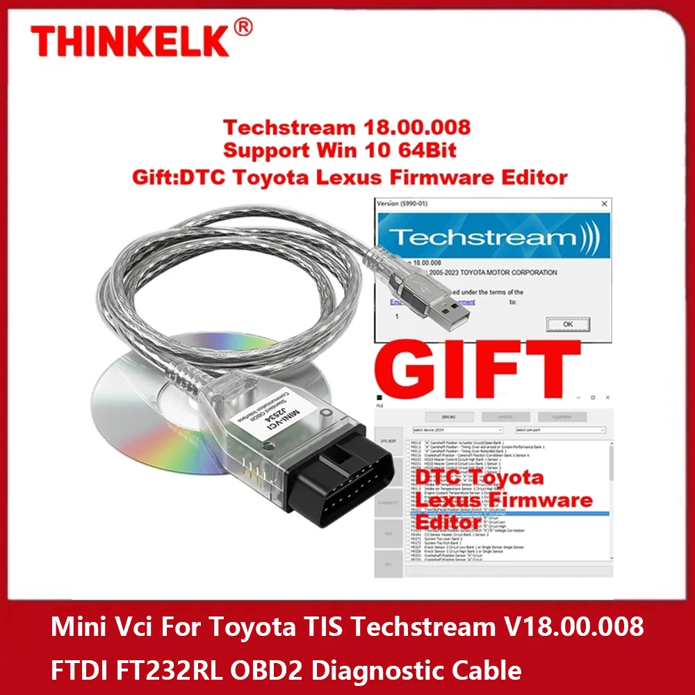 

Mini Vci For Toyota/Lexus TIS Techstream V18.00.008 FTDI FT232RL OBD2 Diagnostic Cable until 2023 DTC Firmware Editor