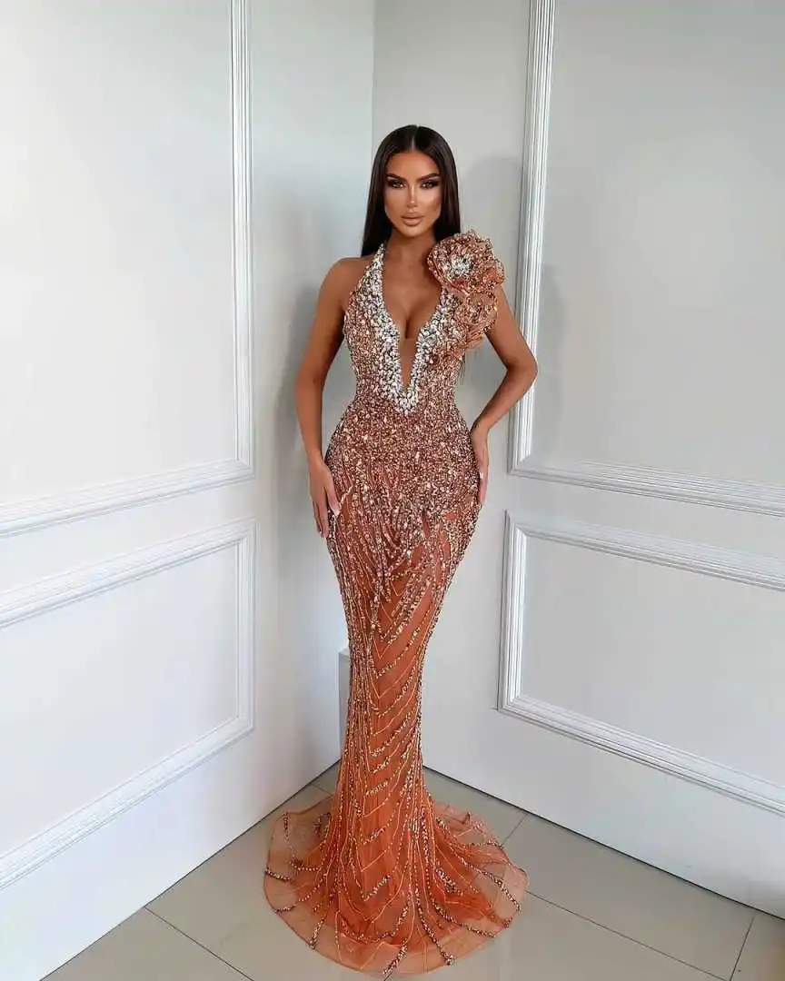 Sexy Prom Gown V-hals Avondjurk Shine Crystal Feestjurken Lovertjes Kant Bruidsjurken Robes De Mariée Maat Aangepast