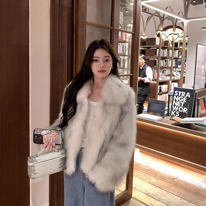 Faux Fur Coats Women Fur Jackets Solid Turn Down Collar Long Sleeves Open Stitch Thick Warm Fur Loose Casual 2025 Autumn Winter