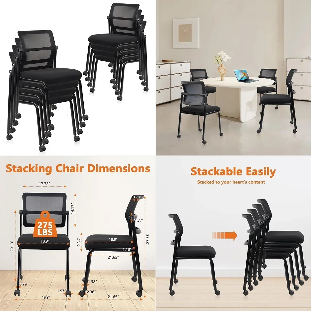 

Stacking Armless Office Waiting Room Chair with Wheels, Stackable Mesh Guest Reception Desk Chairs with Adjustable Backrest for