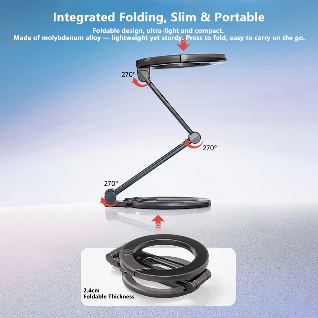 

Foldable Magnetic Phone Holder Metal Desk Stand Dual-Sided Magnet 360° Rotation for MagSafe Portable Travel Mobile Phone Bracket