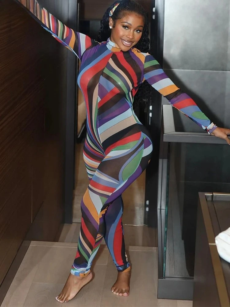 

Sexy Colorful Print Jumpsuit Women Mesh Zip Y2K Full Sleeve O-Neck Turtleneck Trend Skinny Stretch Workout Overalls