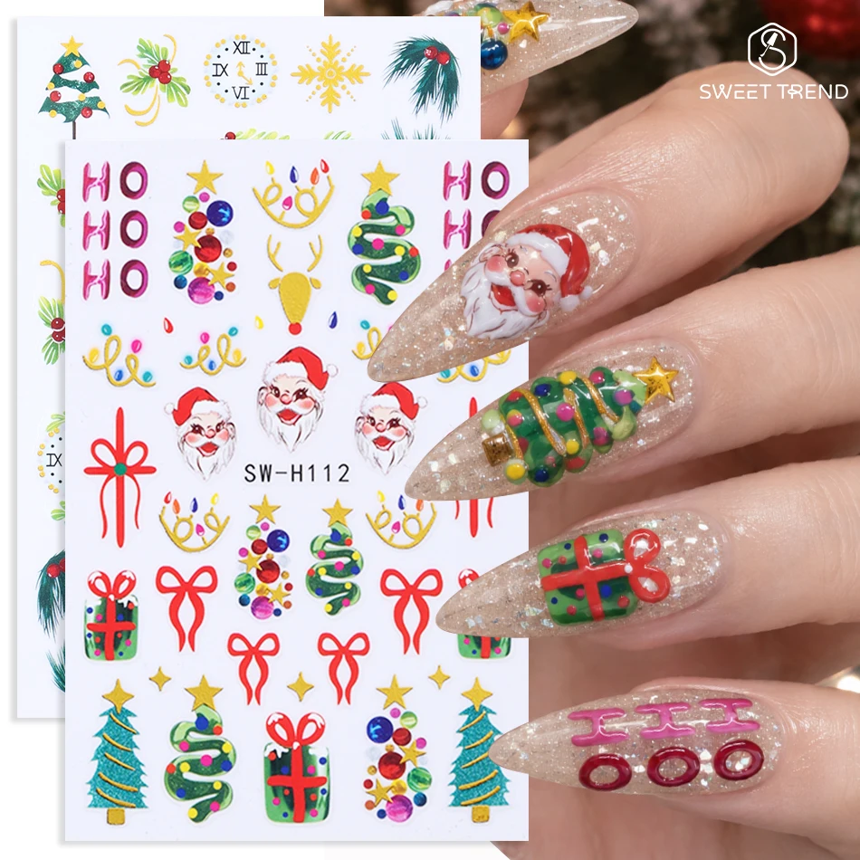 2pcs Christmas Self-adhesive Nail Stickers Santa Claus Xmas Tree Bow Clock Holly Nail Decals Winter Holiday DIY Manicure Decor