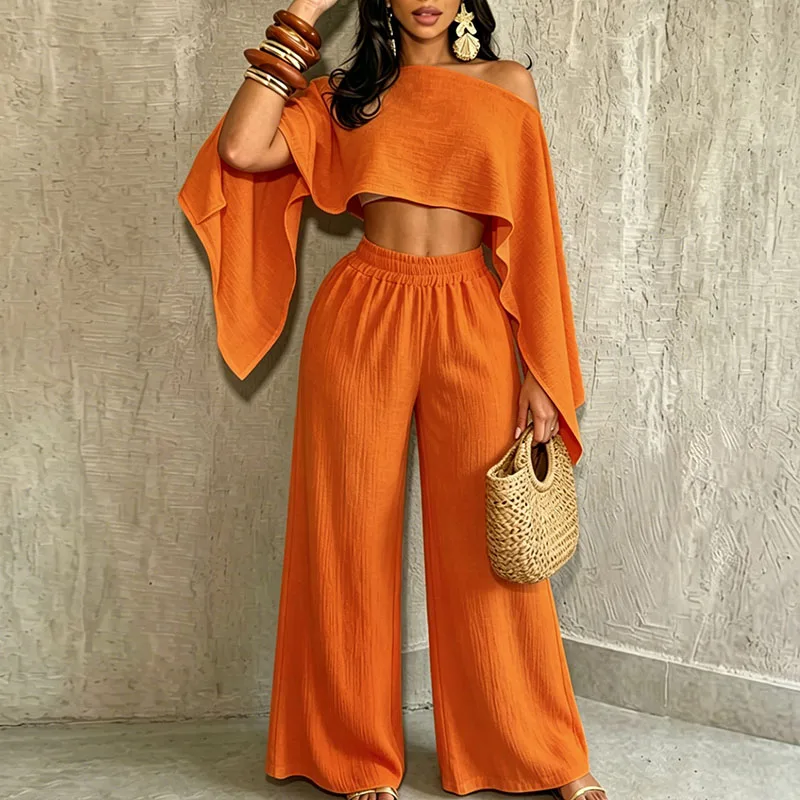 Ladies Diagonal Collar Long Sleeved Top & Pants Commuting Set Spring Summer Off Shoulder Vacation Outfit Casual Loose Daily Suit