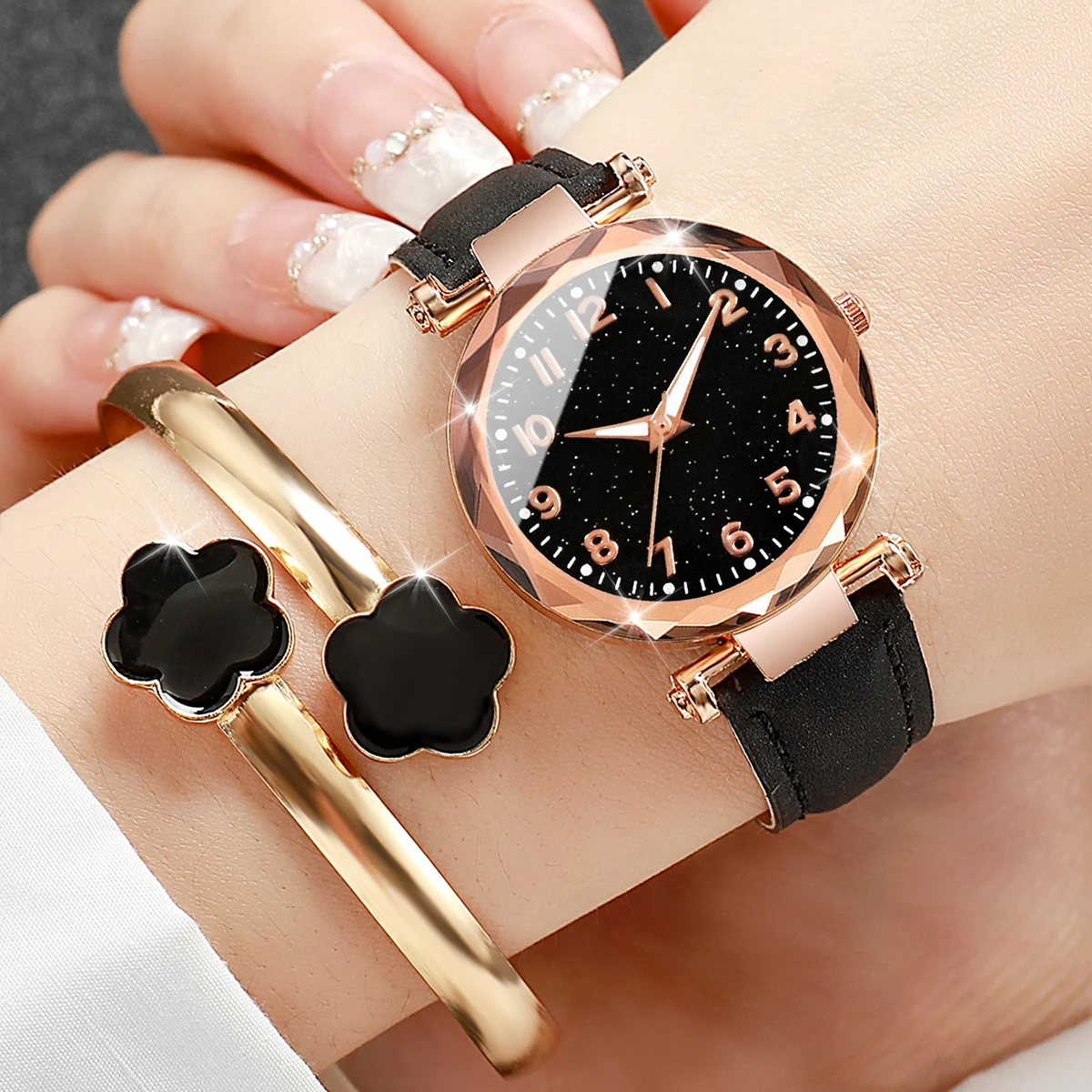 6PCs/Set Women\'s Watch Fashion Digital Leather Quartz Watch with Unique Flower Jewelry Set