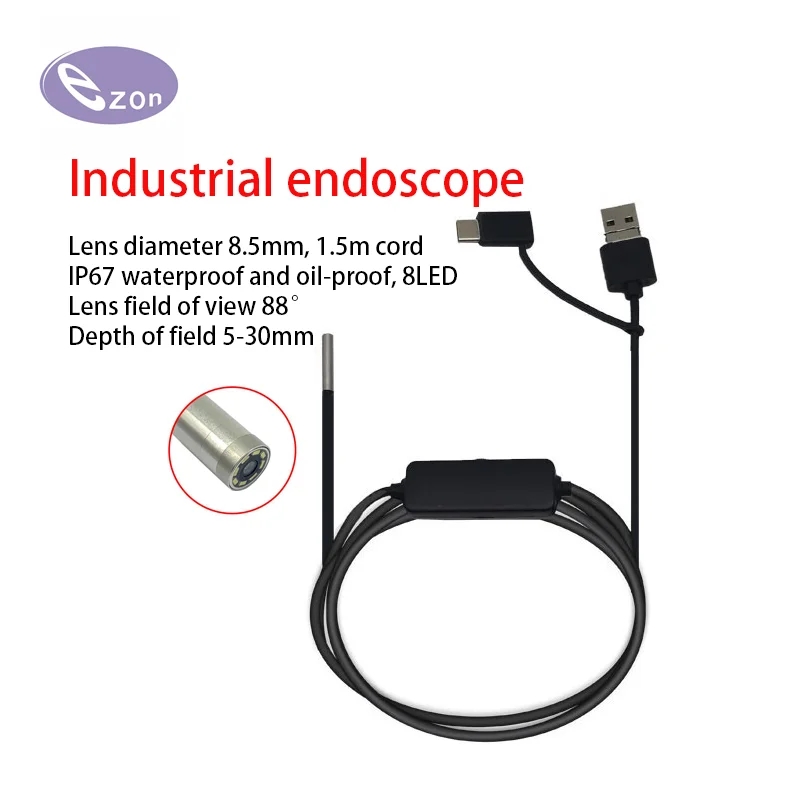 1MP USB endoscope diameter 8.5mm FOV88゜ IP67 waterproof 3-in-1 cable industrial steering endoscope