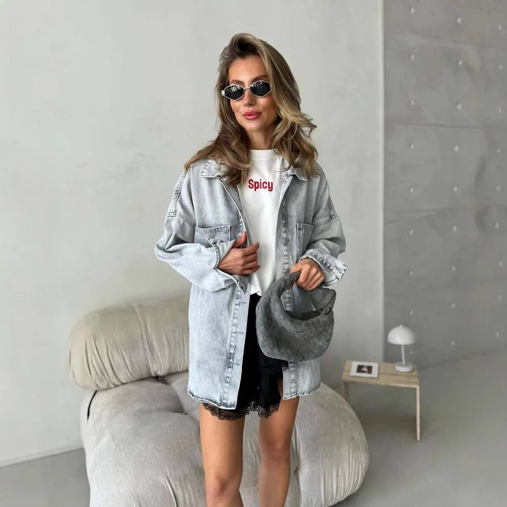 

American classic washed old solid color denim shirt women retro loose long sleeve coat women's clothing