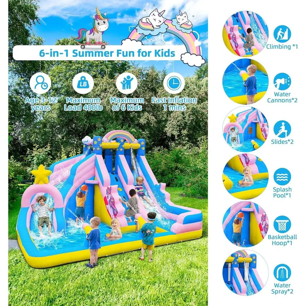 منزلق مائي Iatable: 6 في 1 Bounce House Water Park للأطفال - حوض سباحة للتسلق على الحائط 2 مدفع مائي 2 حافة كرة السلة -