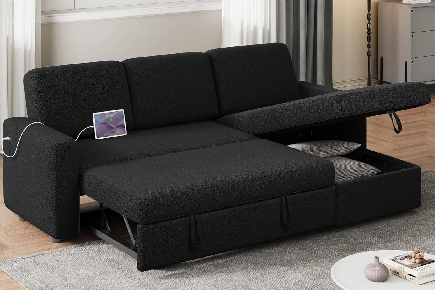 Sectional Sofa L-Shaped Sofa Couch Bed w/Chaise & USB, Reversible Couch Sleeper w/Pull Out Bed & Storage Space, 4-seat Fabric