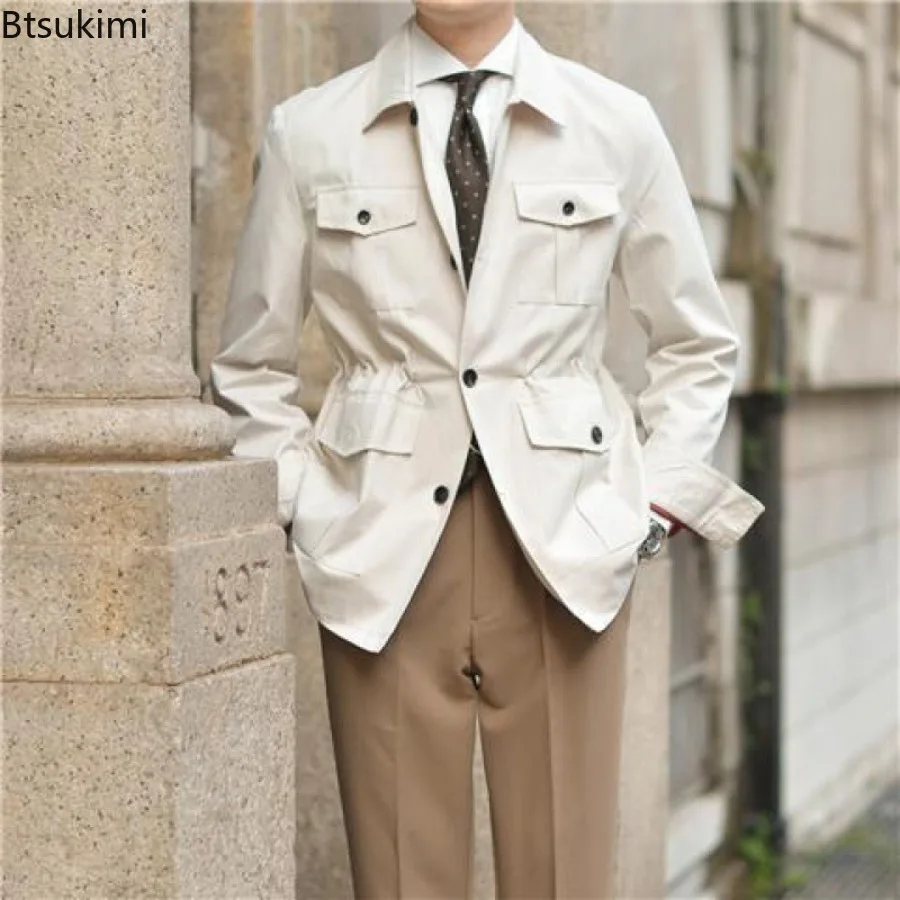 

Spring Autumn Men's Vintage Workwear Jackets British Style Multi Pockets Slim Coats Fashion Windbreaker Jackets Male Streetwear