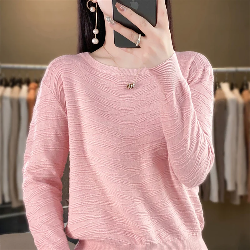 

23 Autumn And Winter New Knitwear Women's Round Neck Long Sleeve Pullover Jacquard Ripple Thin Versatile Loose Style Knitted Top