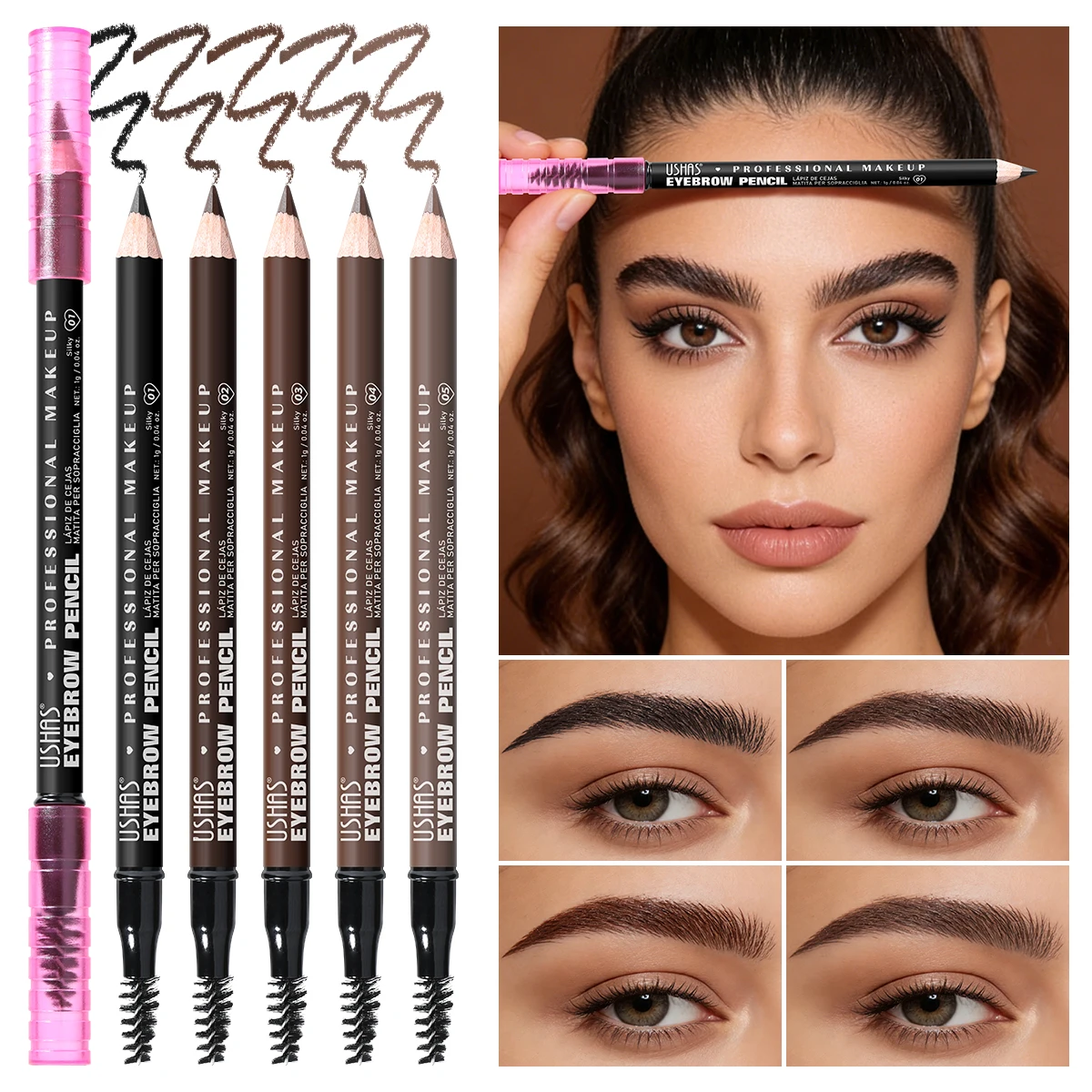 Lápiz de Cejas 2 en 1 USHAS, Resistente al Agua, Definidor de Cejas Natural con Cepillo, 5 Colores, Afilable