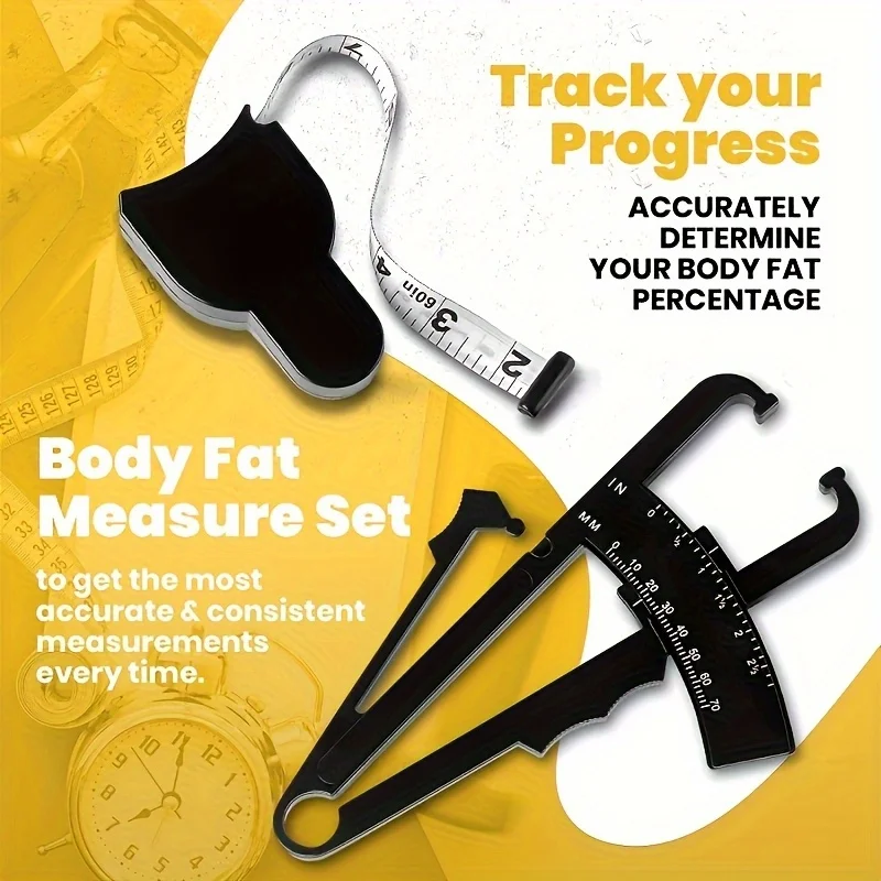 Body fat caliper and Waist Measurement Tape set - handheld fat caliper and tape combination, portable fitness measuring tool