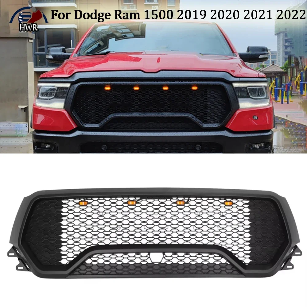 

Bumper Grilles Cover Modified Bodykit Parts For Dodge Ram 1500 2019 2020 2021 2022 Honeycomb Style With LED Light Grille