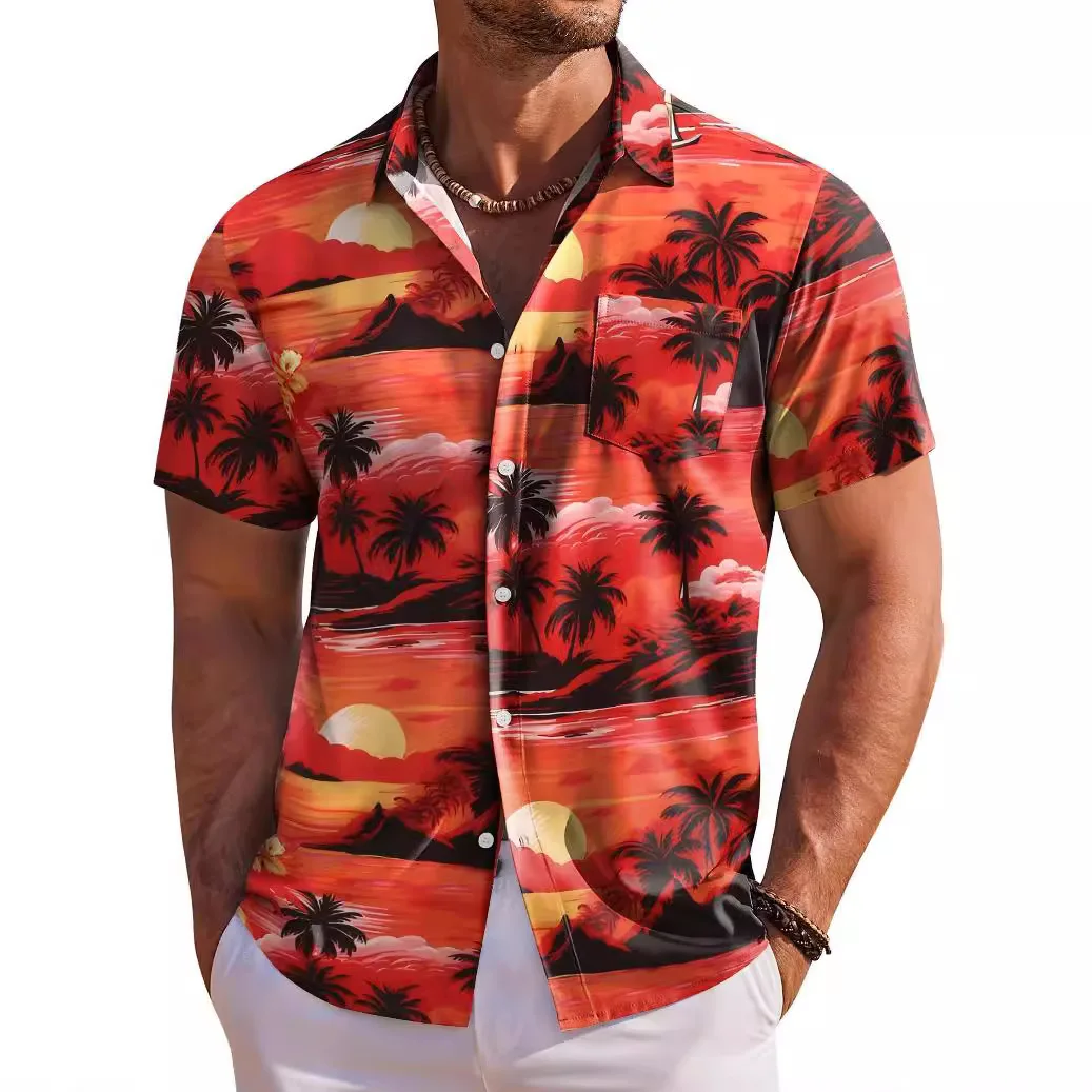 

Summer Man Short Sleeve Bench Shirt Hawaiian Leaf Tree&Flower Prints Shirt Outdoor Holiday Casual Oversize Daily Shirt For Man