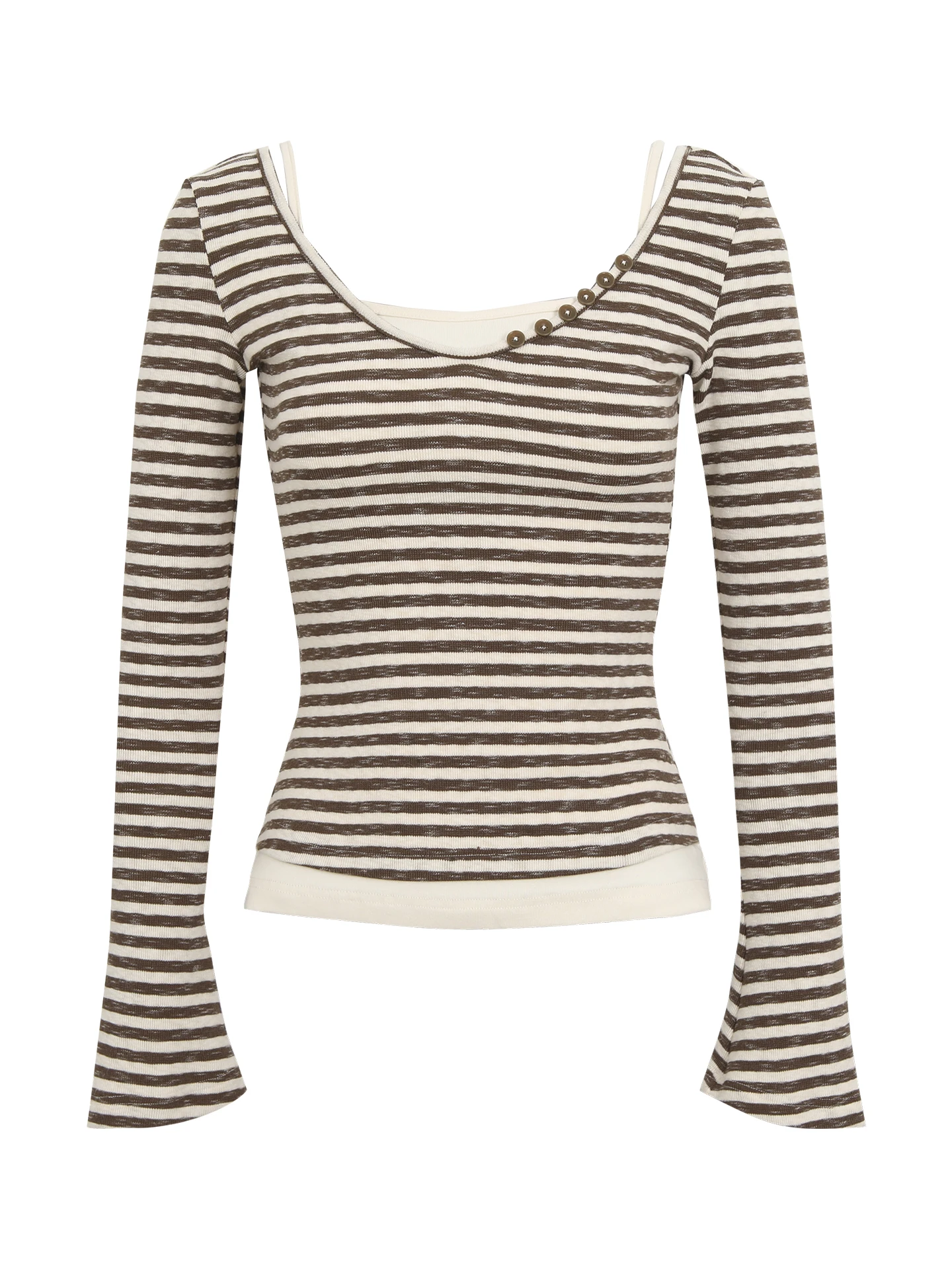 قميص نسائي طويل الأكمام بتصميم مخطط وقصة ضيقة، نمط كاجوال فضفاض، تصميم بخصر مرتفع، مصنوع من مزيج البوليستر