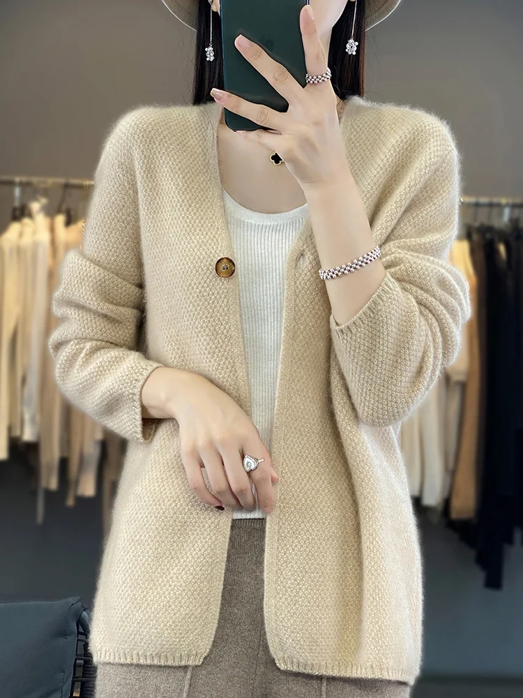 Women V-neck Cardigan Autumn Winter 100% Merino Wool Sweater Vintage Twist Flower Long Sleeve Knitwear Korean Fashion Tops