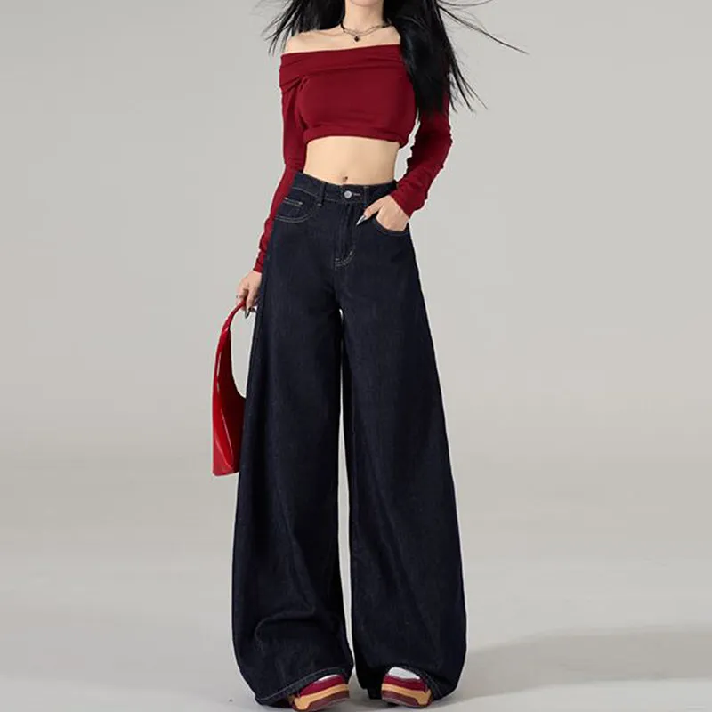High Waist Wide Leg Blue Jeans Women's Loose Floor Length Straight Cut Pants Spring Season Cotton Stretch Denim Lazy Draping