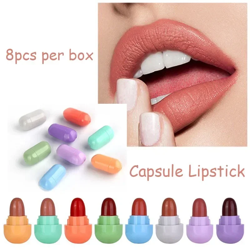 Heallor 8pcs Mini Matte Lipstick Set Moisturizing Velvet Lip Gloss Long-lasting Color Lipstick Kits Cute Candy Capsule Lipsticks