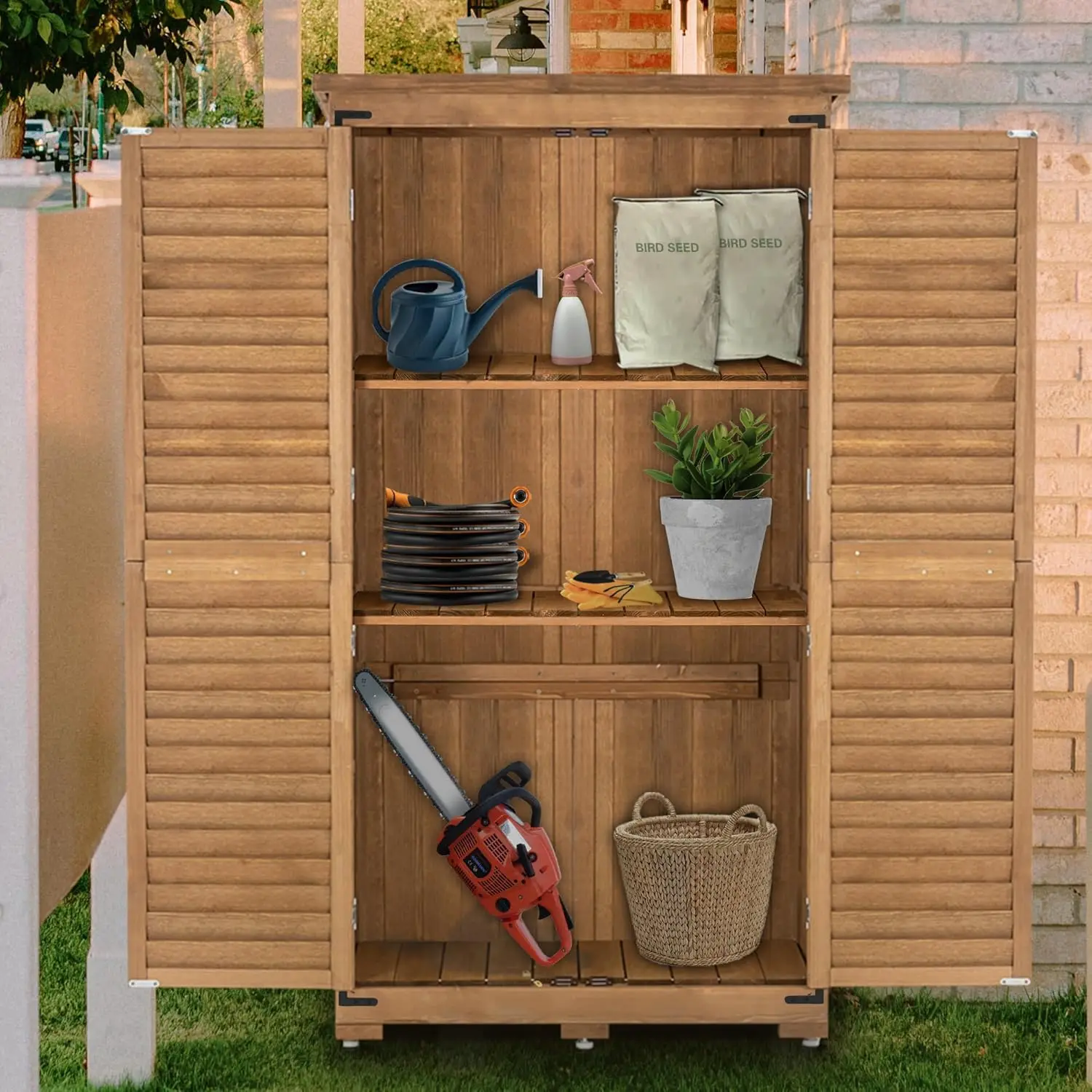 Outdoor Storage Cabinet, Garden Storage Shed, Outside Vertical Shed with Lockers, Outdoor 63 Inches Wood Tall Shed for Yard