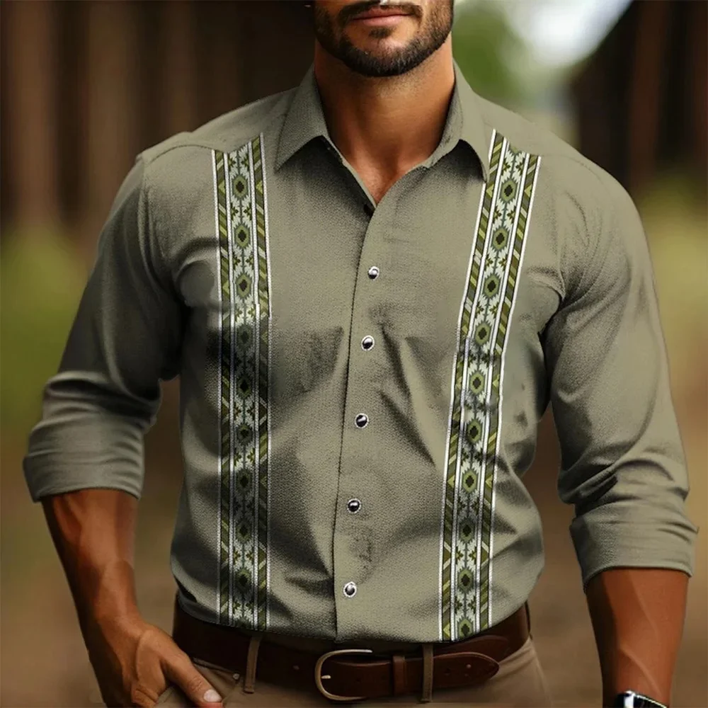 Camicia casual da vacanza quotidiana da uomo Camicia a maniche lunghe con bottoni risvolto di grandi dimensioni quattro stagioni Camicia stampata totem etnico retrò