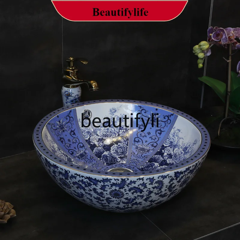 

B185 Round wash basin ceramic table basin Chinese blue and white art washbasin