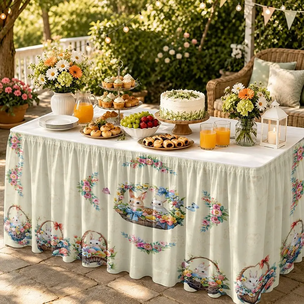 One table skirt, featuring 2D printed Easter bunnies and floral basket patterns, suitable for home decoration