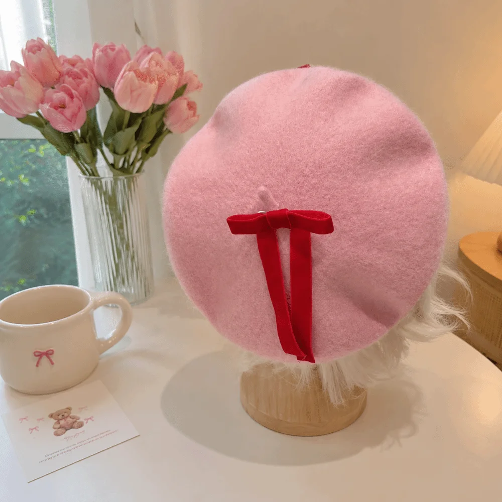 Sweet Solid Color Beret Hat Lace Edge Soft Pullover Beanie Cap Red Strawberry Decoration Pullover Artist Painter Cap Daily Wear