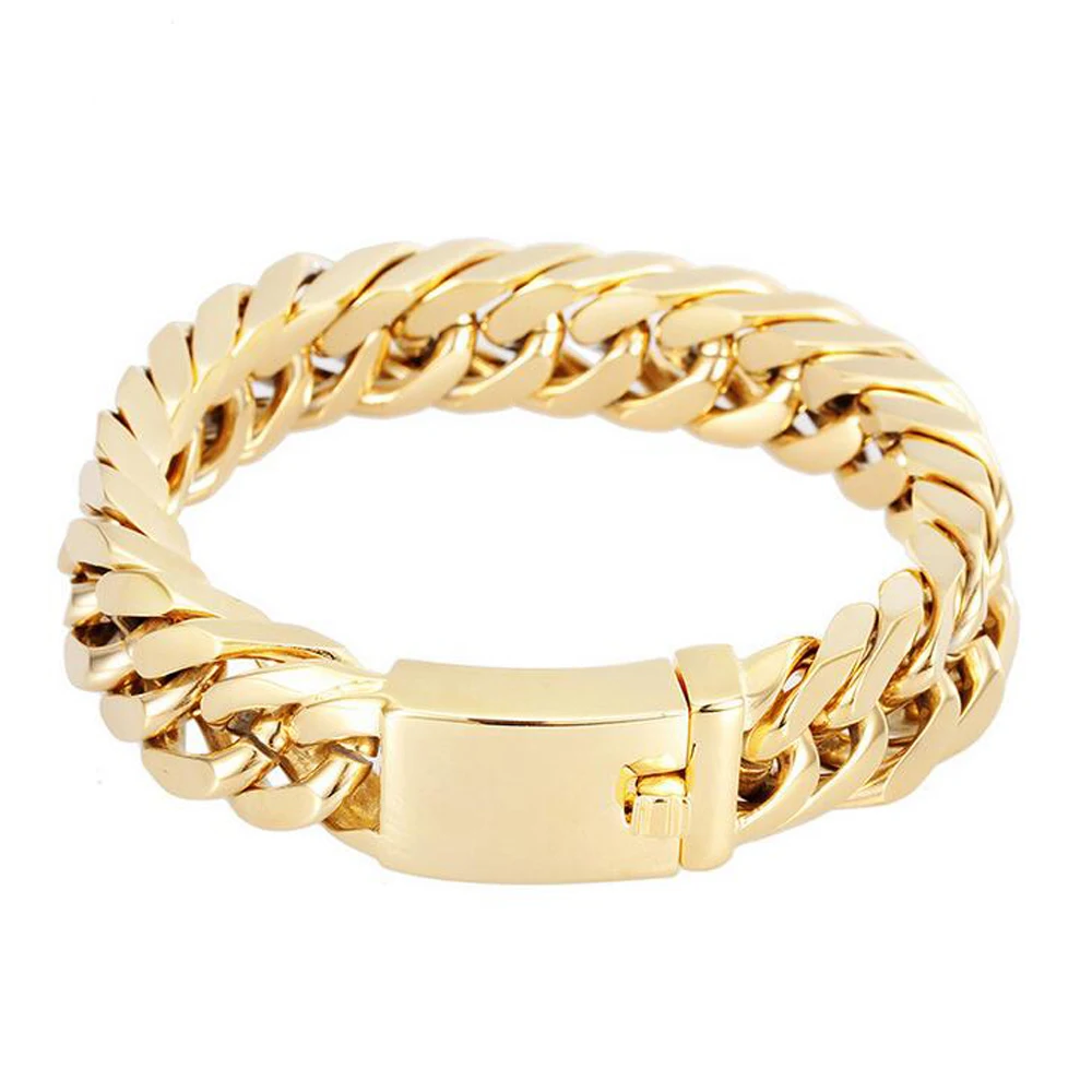 

15mm Punk 18K Gold Color Cuban Curb Chain Bracelet Men Women Hiphop Rock Retro Black Stainless Steel Biker Bike Bangle Jewelry