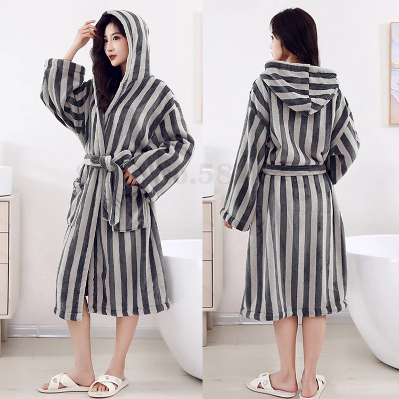 

Thick Flannel Women Robe Sleepwear Stripe Coral Fleece Long Sleeve Bathrobe Home Clothes Autumn Winter Warm Loose Lounge Wear