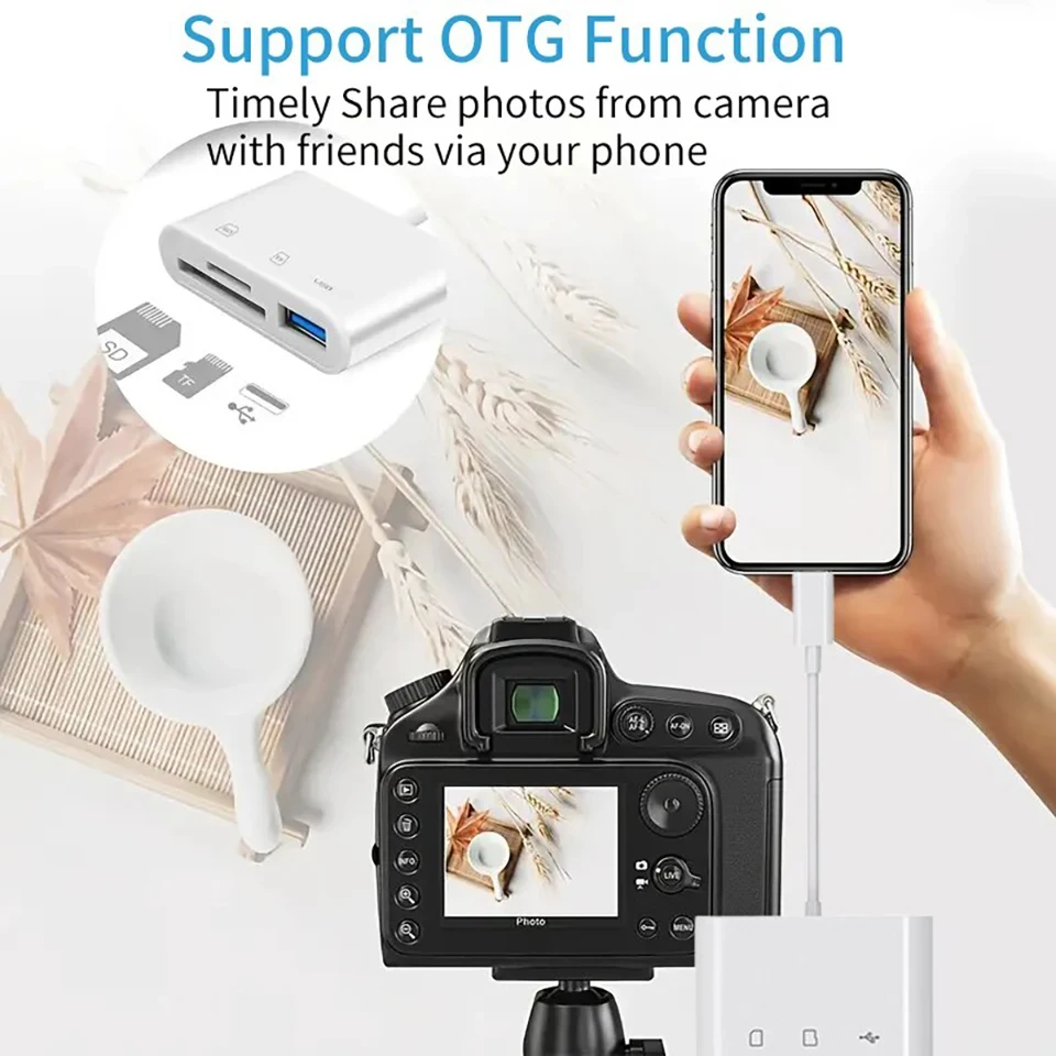 OTG 3 in 1 TF SD Card Reader Data Transmission Splitter Camera Reader Adapter for iPhone 15 14 13 12 11 XR Pro Max XR Android