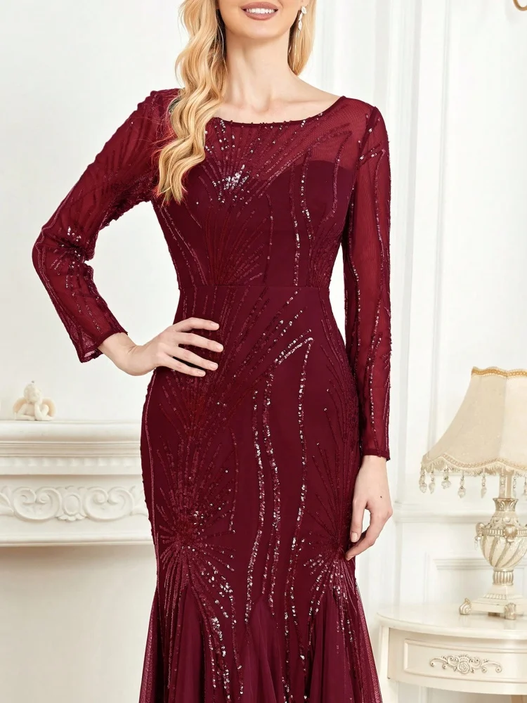 Elegant แขนยาวสีแดงเลื่อมชุดราตรี 2025 ผู้หญิง Mermaid อย่างเป็นทางการ Maxi ชุดราตรีค็อกเทล Graduation Gowns