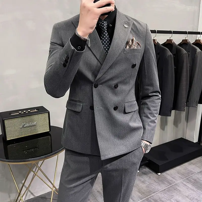 Gaijia setelan jas pria ukuran plus Korea Slim-fit Mode pengantin pria gaun bisnis kasual jas kecil Double-breasted