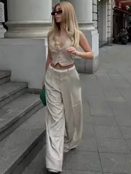 2024 New Woman Solid Trousert Set Halter Neck Short Vest Top + High Waist Patchwork Commute Office Lady Women's Long Pant