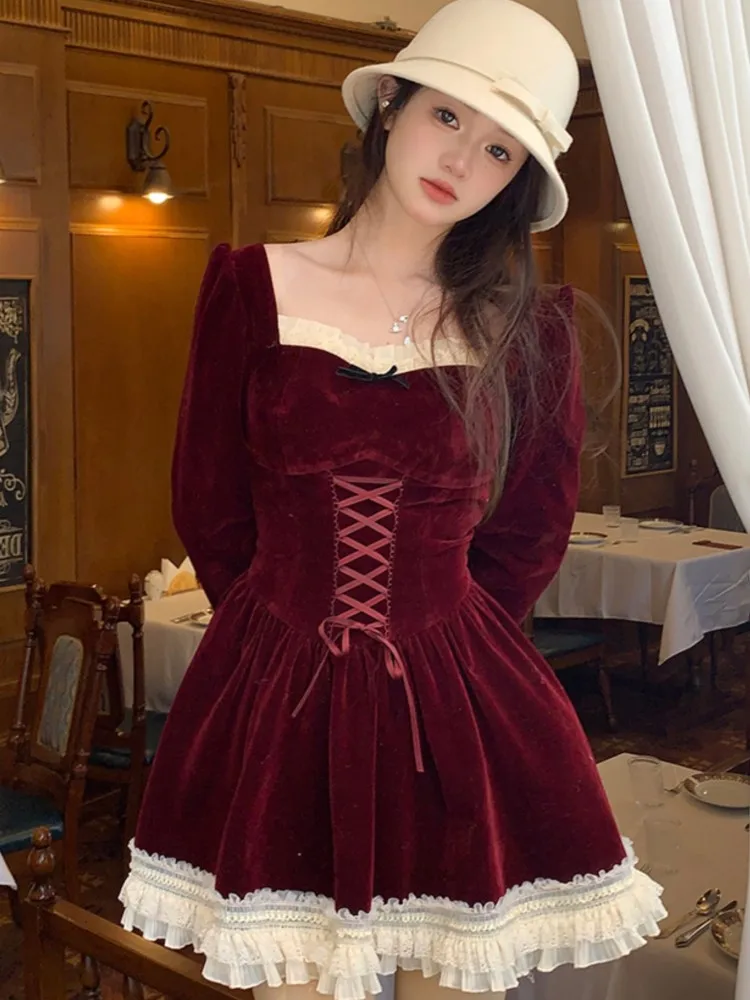 

French Style Velvet Mini Dress Women Long Sleeve Square Collar Lace Up Patchwork A-Line Dresses Slim Chrstmas Party Autumn New