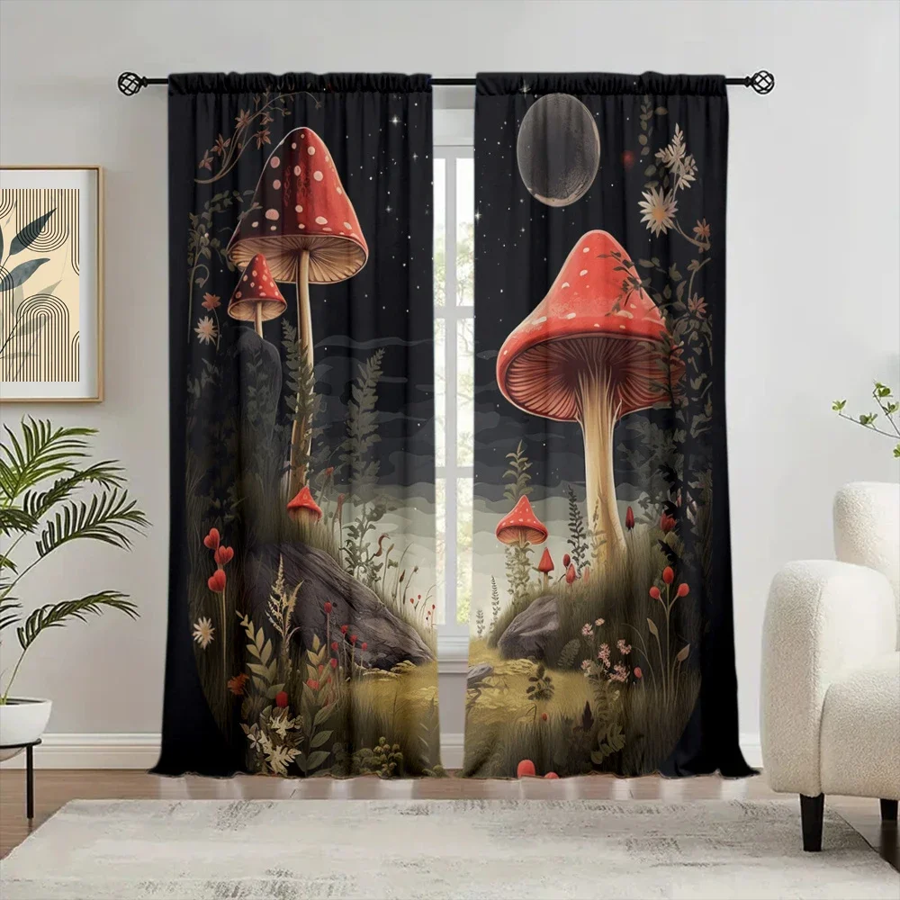 2pcs Dark Mushroom Printed Curtain for Home Decor - Rod Pocket Window Treatment for Bedroom,Office,Kitchen,Living Room,and Study