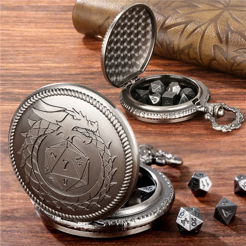 

Bronze Dragon Pocket Watch Case Pendant FOB Chain with 7pcs Metal Polyhedral Dice Role Play Gaming Dices Entertainment Accessory