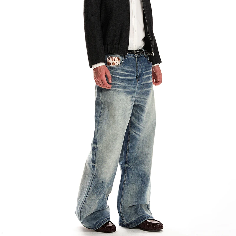 LUZHEN 2026 New Gradient Washed Leopard Print Patchwork Pockets Straight Jeans Men Fashion Handsome Wide Leg Denim Pants JY9382