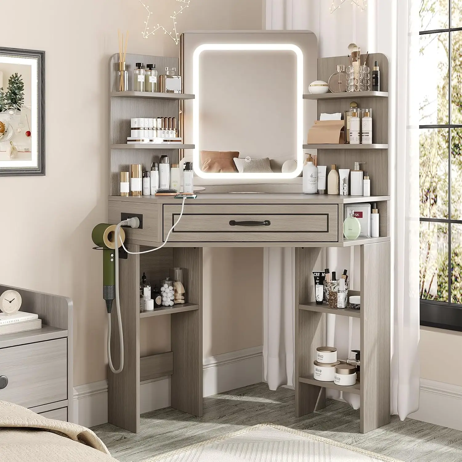 Makeup Vanity Desk, Corner Vanity with Large LED Mirror,Lots Open Shelves,Gray Vanity with Charging, Customized