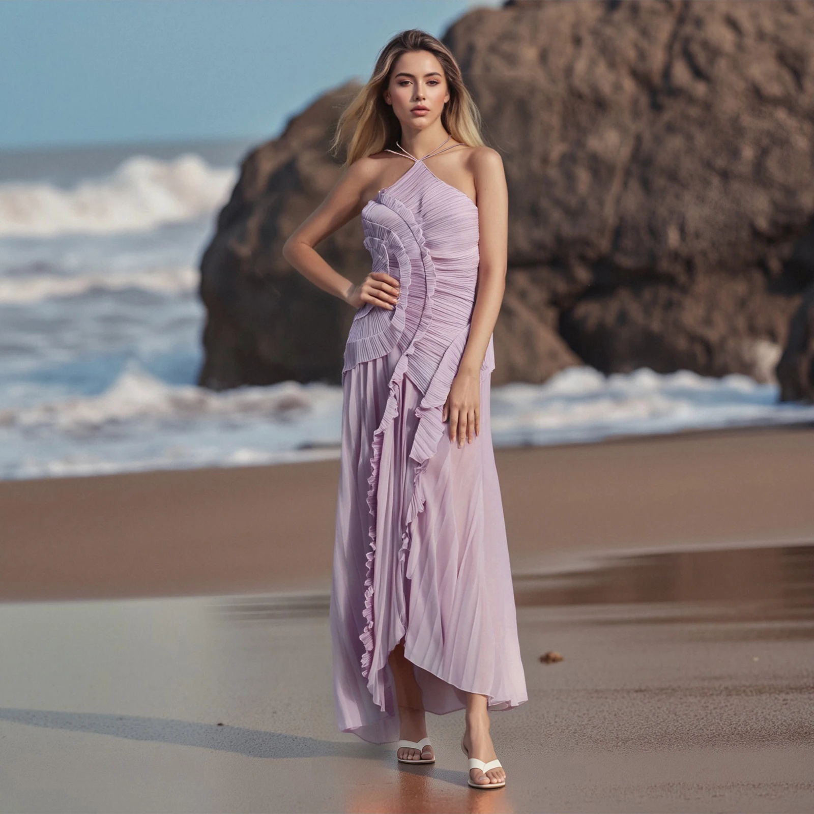 Nueva moda mujer vestido Halter con volantes sin mangas Color sólido vestido largo fluido verano A-Line vestido gran oferta S-XL