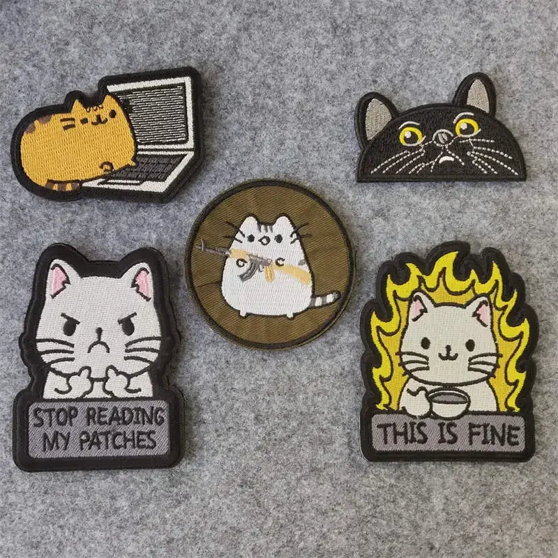 Animal Warrior Cartoon Cats Series Embroidery Patch Flame Drinking Tea Cat Tactical Morale Badge Backpacks Patches for Clothing