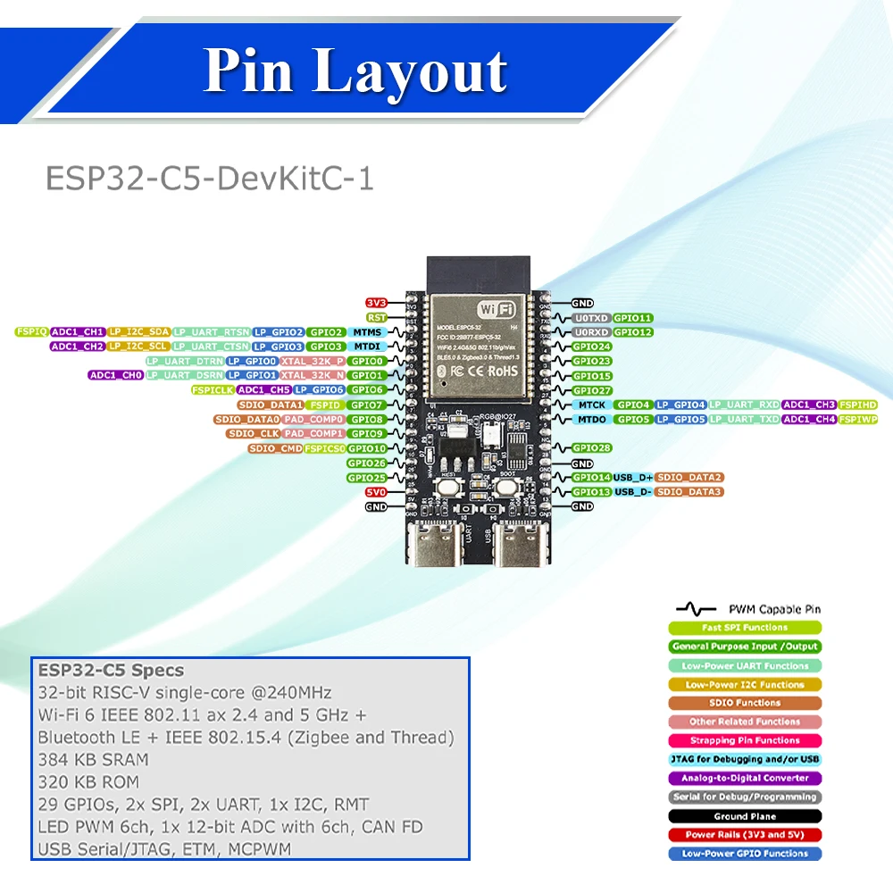 ESP32-C5 Development Board Dual-frequency 2.4G and 5GHz WiFi Module ESP32C5-DevKitC-1 N4 4MB Flash CH340 CH343 32PIN TYPE-C