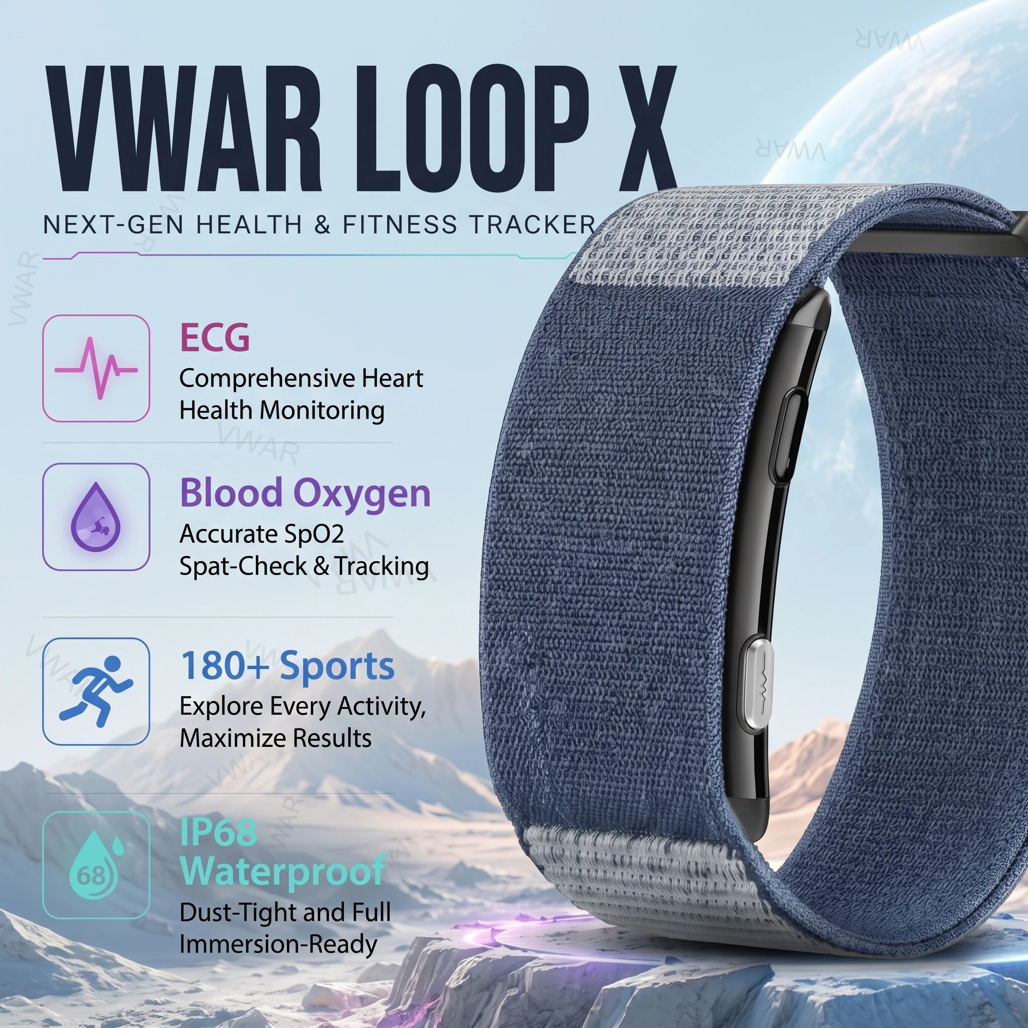 2026 ECG Screenless VWAR LOOP X Smart Band Blood Pressure Sleep Monitor IP68 Waterproof 180+Sport Fitness Tracker Smart Bracelet