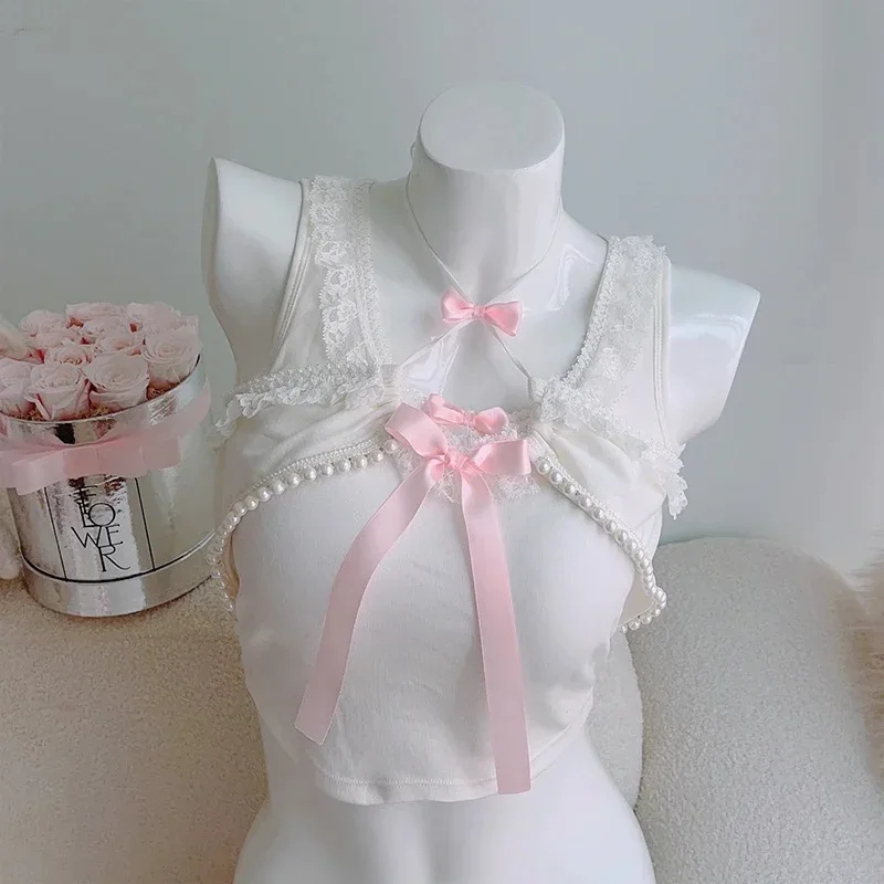 Cute Crop Top Women Summer Lace Trim Bows Decoration Sweet and Lovely Slim Tops for Girls Lolita Style Aesthetic Kawaii Clothes