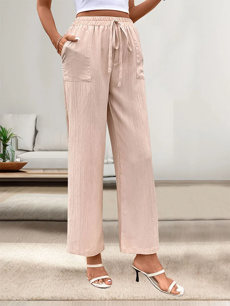 JIM & NORA 2024 summer hot new textured straight pants casual everything comfortable pocket lace-up pants