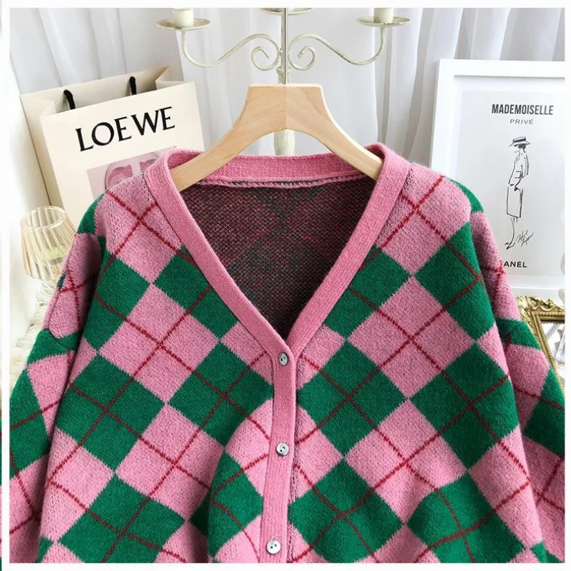 Women Autumn and Winter Korean Style V-Neck Lozenge Contrast Panelled Knit Cardigan Sweater Thickened Button Long Sleeves Coat