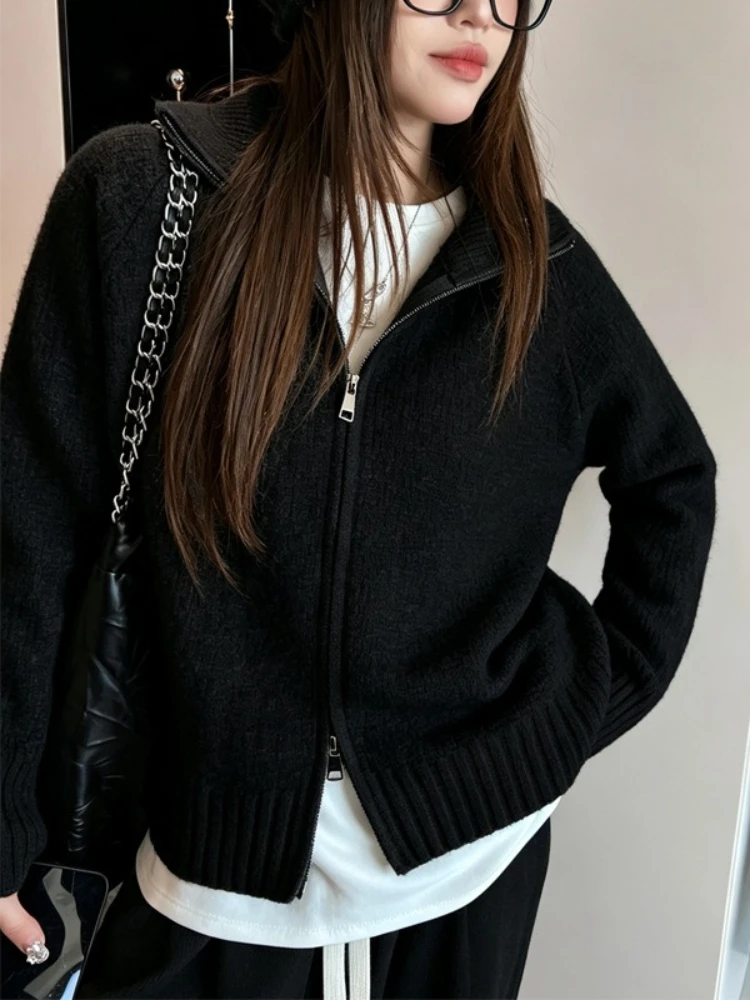Autumn Winter Zipper Up Stand Collar Cardigans Women Solid Long Sleeve Thicken Knitted Cardigan Woman Korean Warm Cardigan Coats